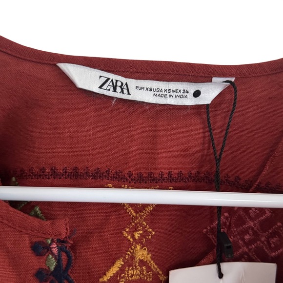 Zara Rust Embroidered Boho Blouse XS NWT - Picture 3 of 10